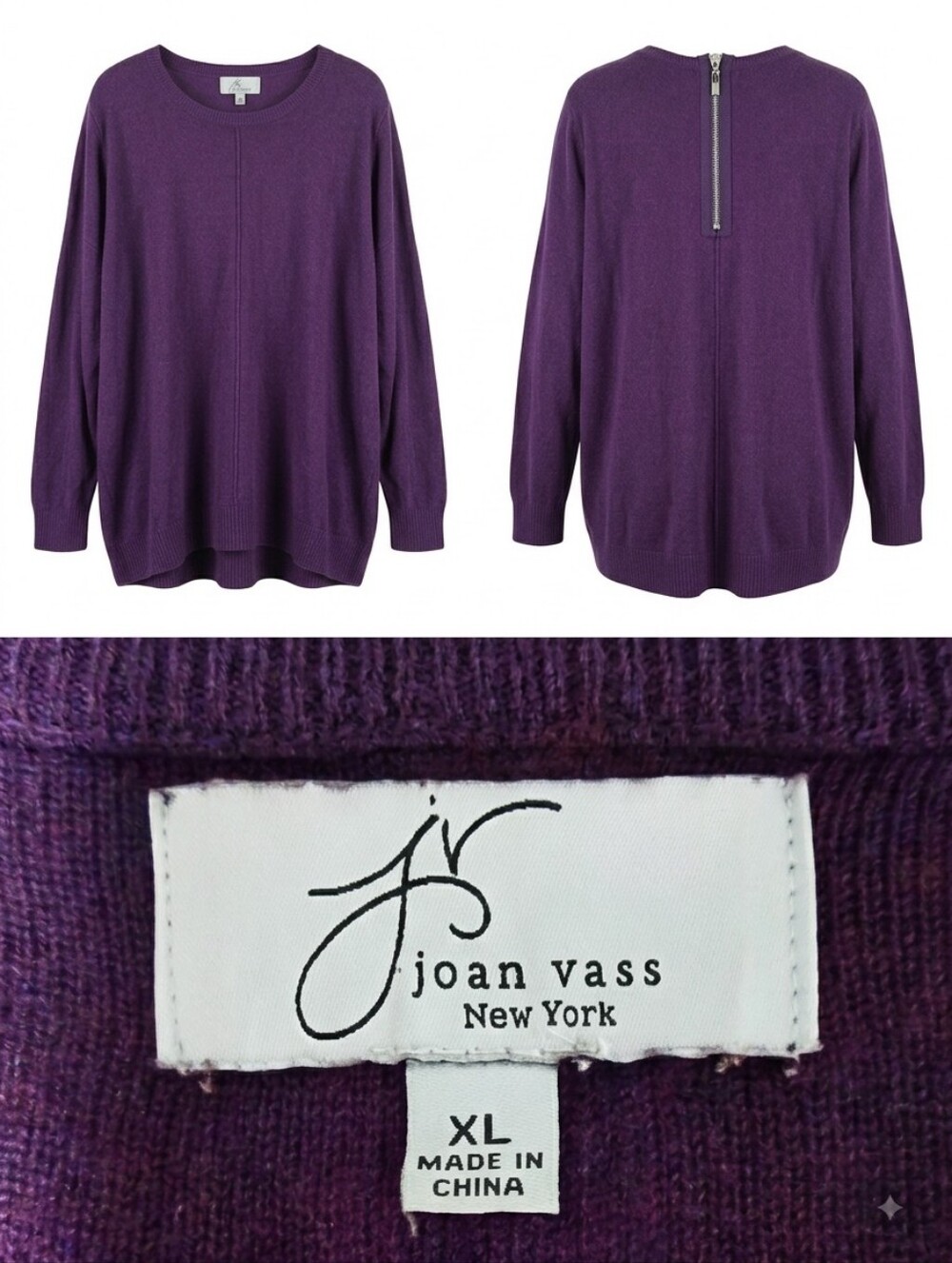 NEW XL Joan Vass New York Purple Cashmere Blend Knit Sweater Back Zip Tunic